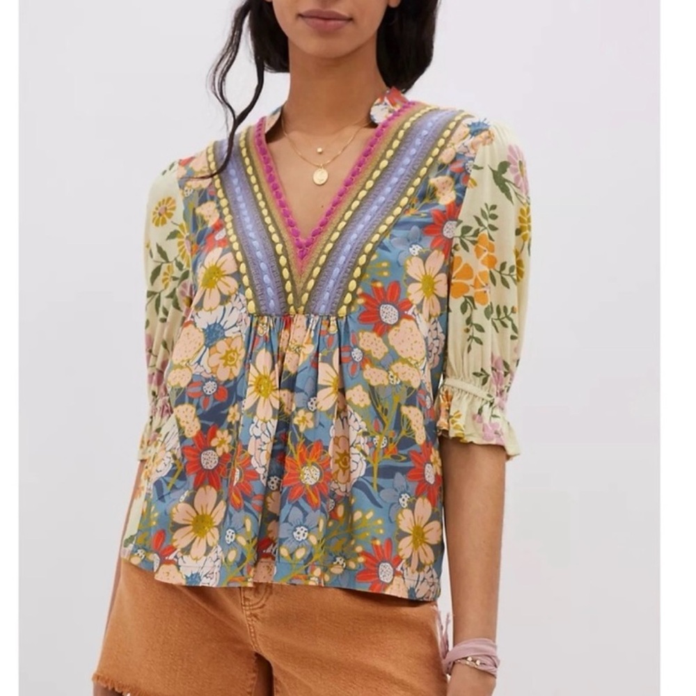 Anthropologie bl^nk London Floral Embroidered Blouse